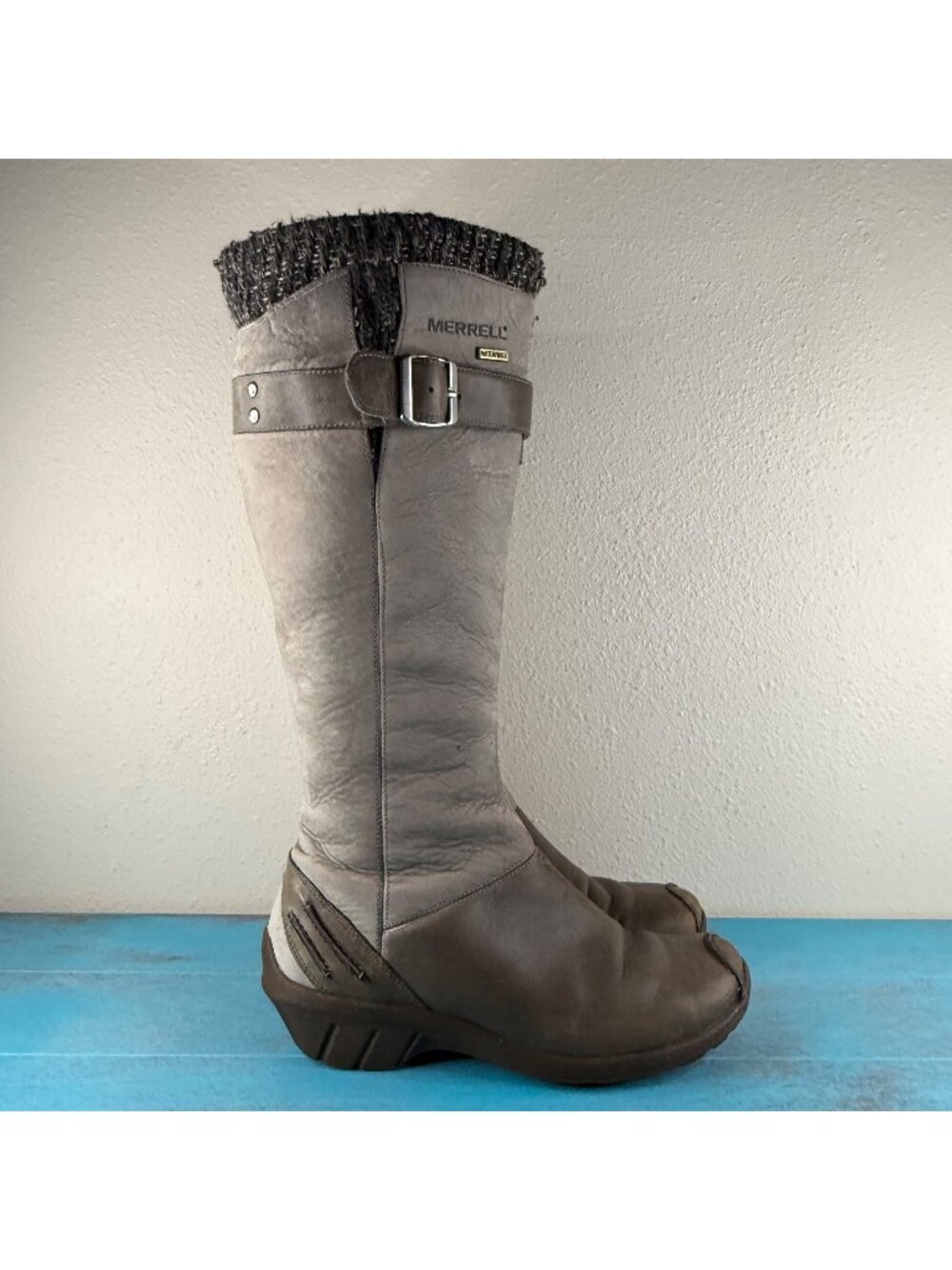 Merrell Womens Tall Leather & Knit Buckle Boots With Zipper Closure Gray Sz 5.5